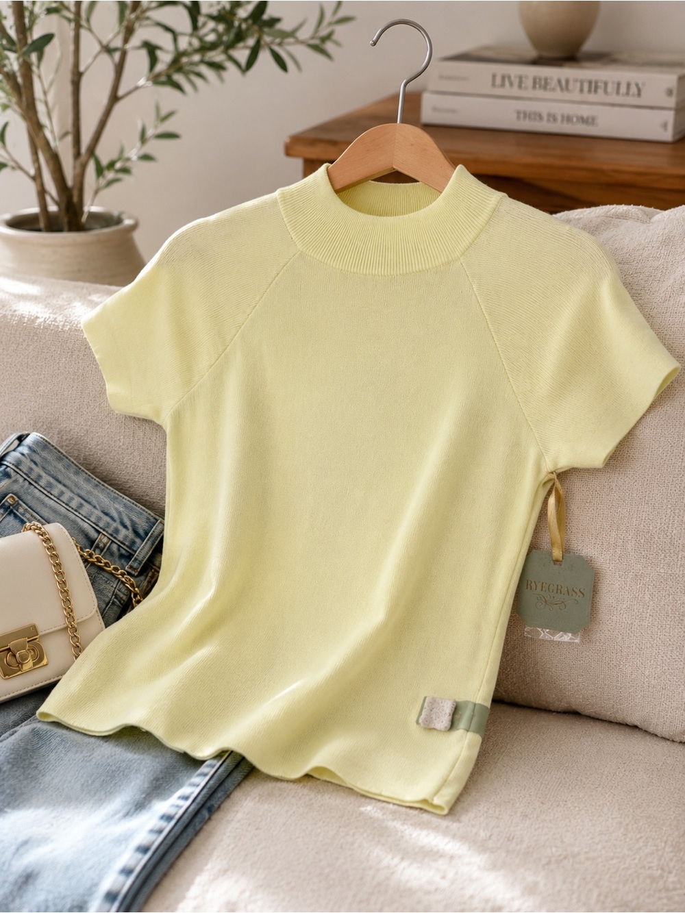 Ryegrass Lemon Yellow Mock Neck Knit Top Short Sleeve Fitted Y2K - Picture 2 of 7